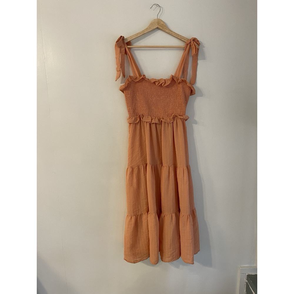 Flying Tomato Save Your Tears Midi Sundress Orange Ruffle Shoulder Tie Size L